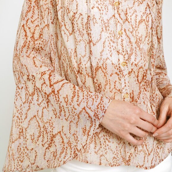 MYSTREE Neutral Snake Print Sheer Blouse, Lightweight Chiffon Button Down - Picture 8 of 8